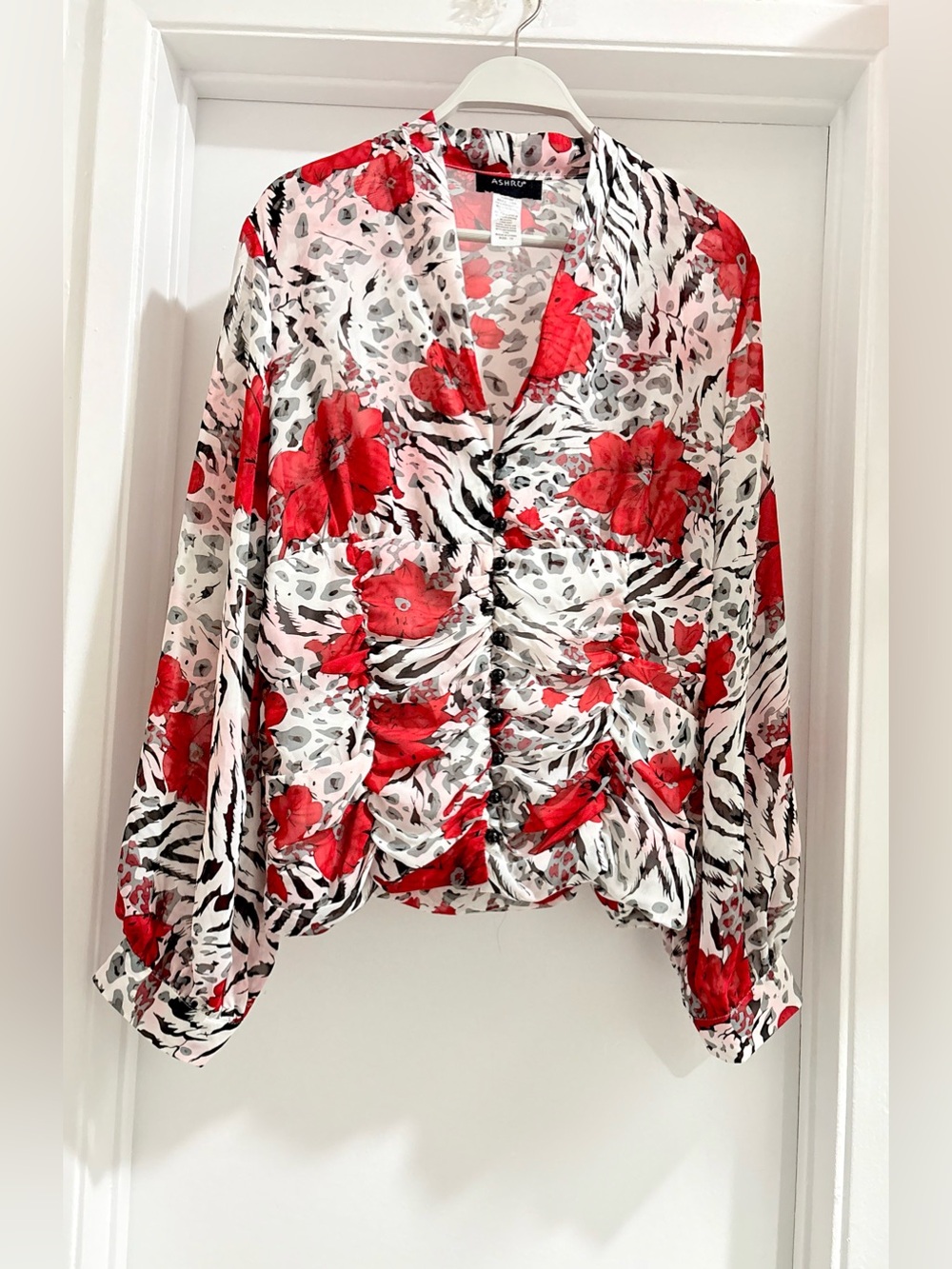 Ashro Red and White Floral Ruched V-Neck Blouse